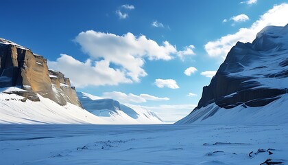 The wide mountains and snowfields, blue sky and white snow blend, showing a magnificent natural landscape.