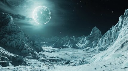 Wall Mural -   A snowy mountain terrain beneath a celestial moon and star above the peak