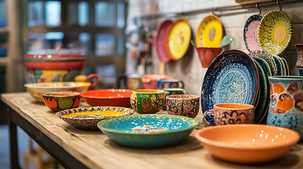 Wall Mural - Vibrant kitchen with eclectic crockery including colorful ceramic plates handpainted bowls and quirky mugs