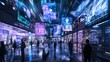 © Wish Craft Arts - People walk through a futuristic city shopping mall with neon signs and reflections.
