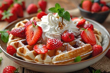 Delicious Waffles with Whipped Cream and Strawberries