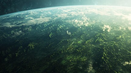 Canvas Print -   A stunning view of Earth from space, featuring clouds, trees, and the sun setting on the horizon