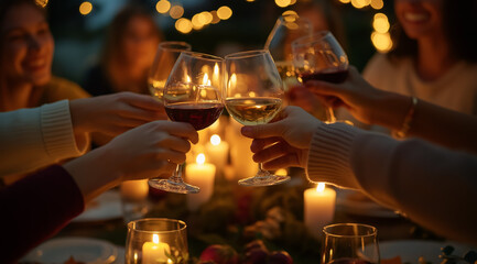 Friends toasting wine glasses at a cozy Christmas dinner with festive lighting
