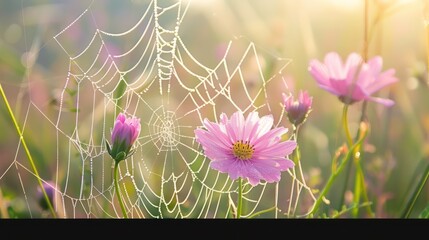 Canvas Print - Delicate Spider Web with Dewdrops and Pink Flowers