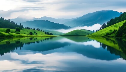 The tranquil lake and the green mountains complement each other, surrounded by clouds and mist, presenting a charming natural landscape and a quiet and beautiful pastoral scenery.