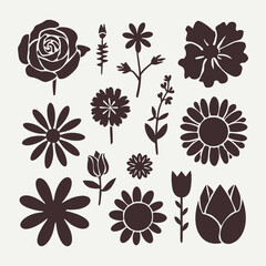 Wall Mural - A collection of various flower silhouettes, including roses, daisies, and tulips, arranged on a light background.