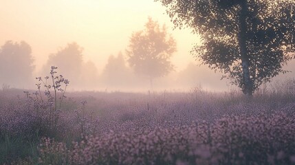 Poster -   A field shrouded in mist with trees and blossoms in the focal point, while a sea of lavender flowers lies nearby