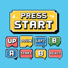 Pixelated video game start screen with directional and action buttons on a blue background.