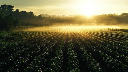 Sticker -   A vast field of crops bathed in sunlight through the hazy fog, with trees silhouetted in the distance