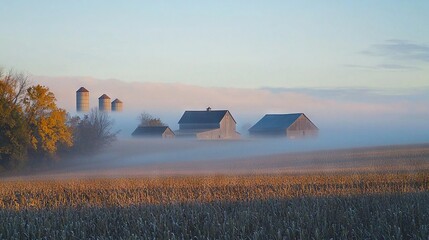 Poster -   A hazy field with a barn and corn stalks in the foreground and a line of trees behind