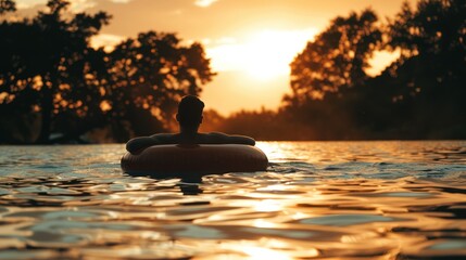 Poster - Man Floating on Inner Tube at Sunset