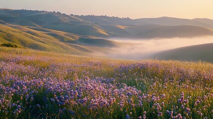 Sticker -   A lush green hillside dotted with a field full of vibrant purple flowers stands tall amidst a thick blanket of fog