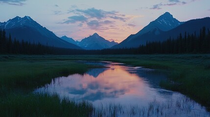 Poster -   A river flows through a verdant meadow beside a dense forest of tall blades of grass, and majestic mountains can be seen in the distance