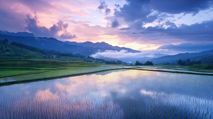 Canvas Print -   Lush green hills surround a large body of water under a cloudy blue sky with distant mountains