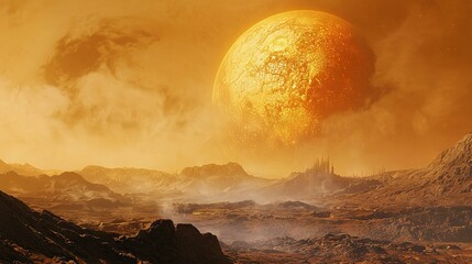 Poster -   An artist's depiction of a distant alien terrain features a massive yellow object amidst rocky surroundings