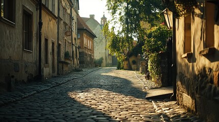 Sticker -   An ancient town's cobblestone street leads to a clock tower