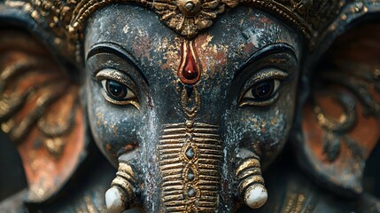 Closeup of Ganesha Statue with Golden Details and Intricate Artwork