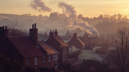 Poster -   A view of a town with a lot of smoke rising from the tops of buildings