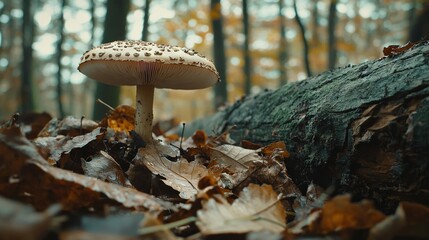 Canvas Print -   A mushroom atop a leaf pile beside a fallen tree in a forest