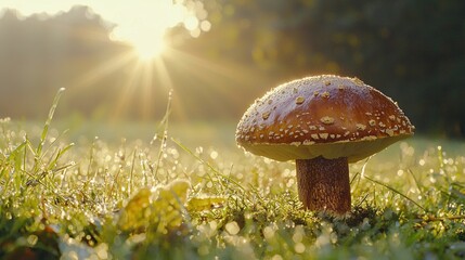 Poster -   A close-up of a mushroom in a field of grass with the sun shining through the trees in the background