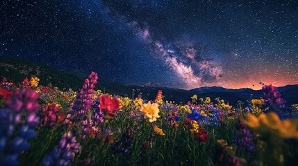 Canvas Print -   A picturesque field adorned with vibrant blossoms, set against a backdrop of starry skies and the majestic Milky Way ascending over a towering mountain range