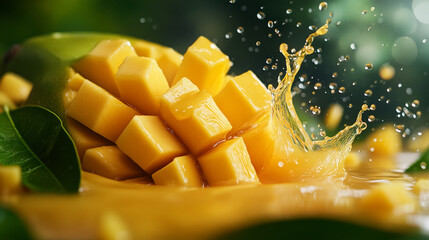 Wall Mural - Fresh mango cubes splash into vibrant liquid, highlighting juicy texture and tropical essence in a lush setting