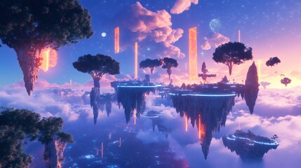 Wall Mural - Surreal floating islands with glowing trees and pillars in the sky.