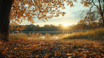 Poster -   A tree by a water body with golden leaves on the ground is illuminated brightly by the sun, casting a shadow on the surrounding grass and other trees