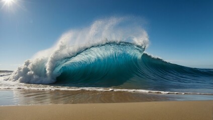 A large wave crashing onto a sandy beach beneath a blue sky, with ample space for text or design.