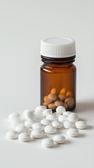 Brown pill bottle with white tablets on white background - healthcare and medication