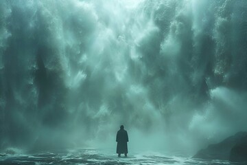 Poster - a person standing in front of a large cloud of water. 