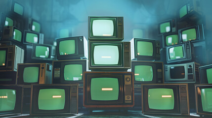 3d rendered set of old tv monitors in old room vintage tvs with green screen footage picture chroma key effect old televisions retro technology retrospect composition collage graphic multimedia design