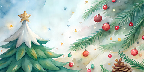 Wall Mural - watercolor christmas background with fir tree and snowflakes