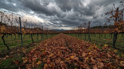 Poster -   A row of trees with leaves on the ground in front of another row of trees with leaves on the ground in front of them