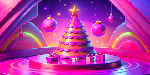 Wall Mural - 3d neon christmas background with christmas tree and candles