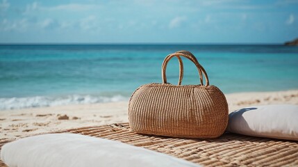 Straw beach bag is laid on a woven mat on a sunny tropical beach with turquoise waters in the background