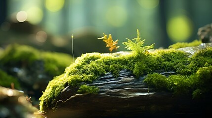 Poster - a mossy log with a small plant growing on it. 