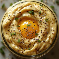 Wall Mural - Creamy Egg Yolk with Pepper and Chives in a Glass Jar