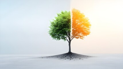 A tree stands in the middle of an empty field, half with green leaves and sunlight on one side. 