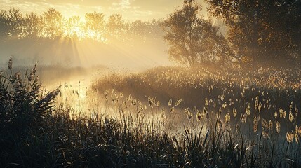 Poster -   The sun illuminates the body of water through the tree canopy, with reeds in the foreground and trees behind