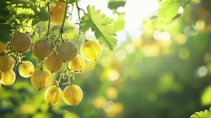 Poster -   A close-up image of multiple grapes hanging from a green vine, with sunlight illuminating the scene