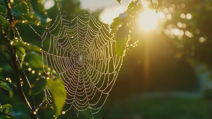   A close-up of a spider web on a tree, with sunlight filtering through the background trees