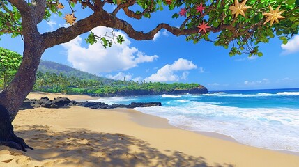 Poster -   A tree on a beach overlooking the ocean and a distant hill with cloudy skies