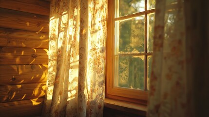 Canvas Print -   Close-up window shot, curtain drawn, sunlight filtering in from behind