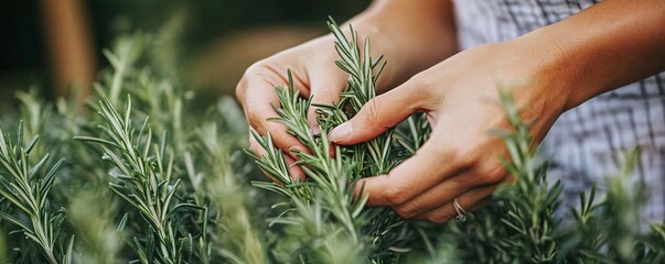 Wall Mural - Woman farmer is carefully picking fresh rosemary sprigs from a lush green plant in her garden