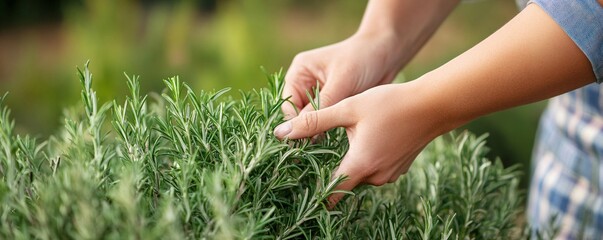 Wall Mural - Woman farmer is harvesting fresh rosemary in her garden