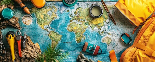 Backpack and supplies laid out on world map by traveler preparing for hiking trip