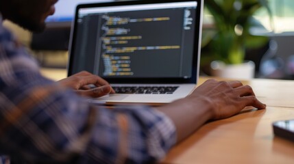 Wall Mural - Close-up of programmer working on laptop.