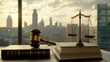 © Sadia - Gavel and scales of justice on a desk with a city skyline at sunset, symbolizing law and order in modern legal practice