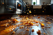 © Sebastian - Trails of food crumbs on a kitchen floor, depicting a recent meal and daily household activities. Concept of meal preparation and household management.